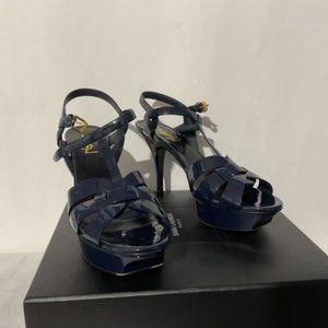 Saint Laurent Tribute Navy Patent Leather Platform Sandal SZ9.5-Genlty Worn